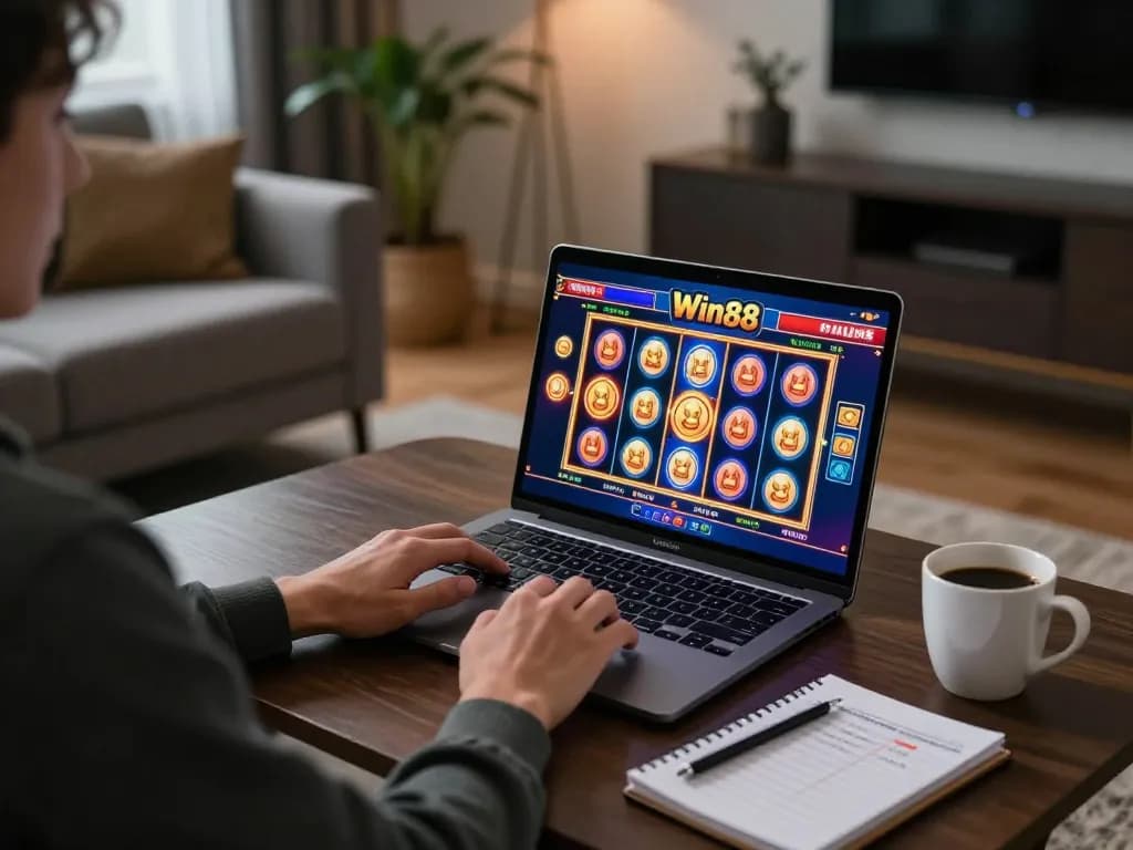 Win88 player engaging with exciting online slot game from a stylish living room setup.