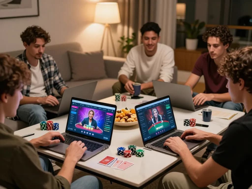 Friends enjoying a poker night online, engaging in gameplay utilizing the situs gacor platform for an exciting experience.