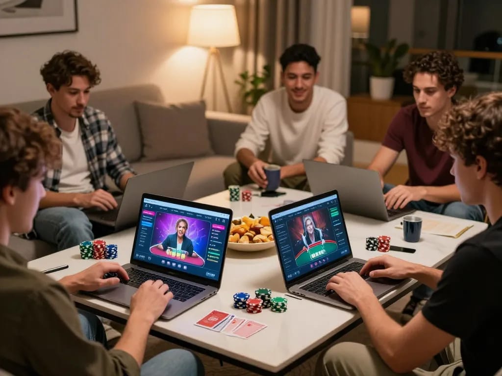 Friends enjoying a poker night online, engaging in gameplay utilizing the situs gacor platform for an exciting experience.