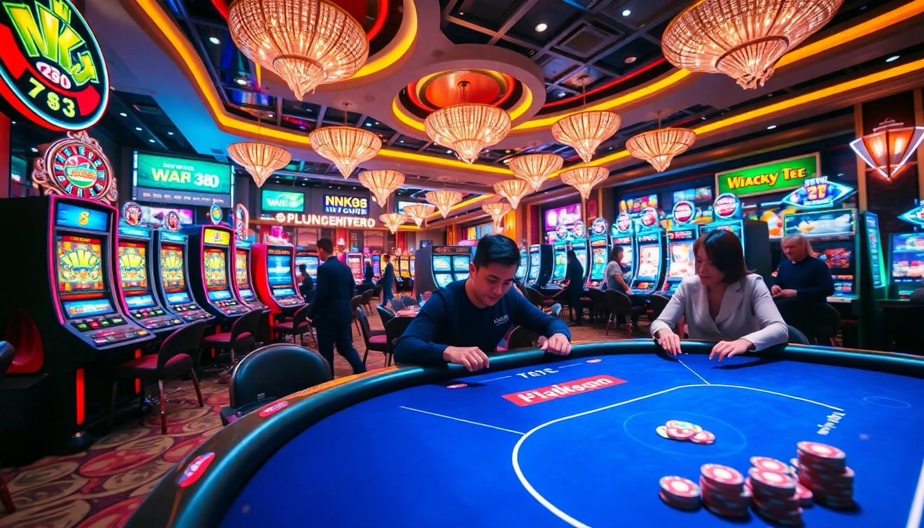 Experience the thrill of NK88 at a luxurious casino table with vibrant slot machines.