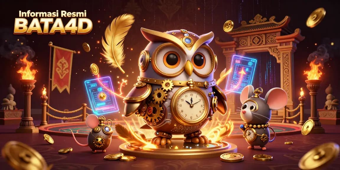 Informasi Resmi BATA4D menampilkan ilustrasi 3D dari burung hantu dan tikus, elemen kasino futuristik, dan koin emas berkilau.