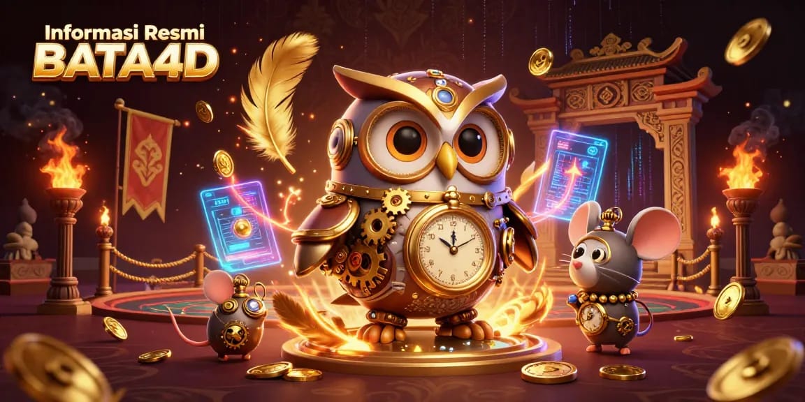 Informasi Resmi BATA4D menampilkan ilustrasi 3D dari burung hantu dan tikus, elemen kasino futuristik, dan koin emas berkilau.