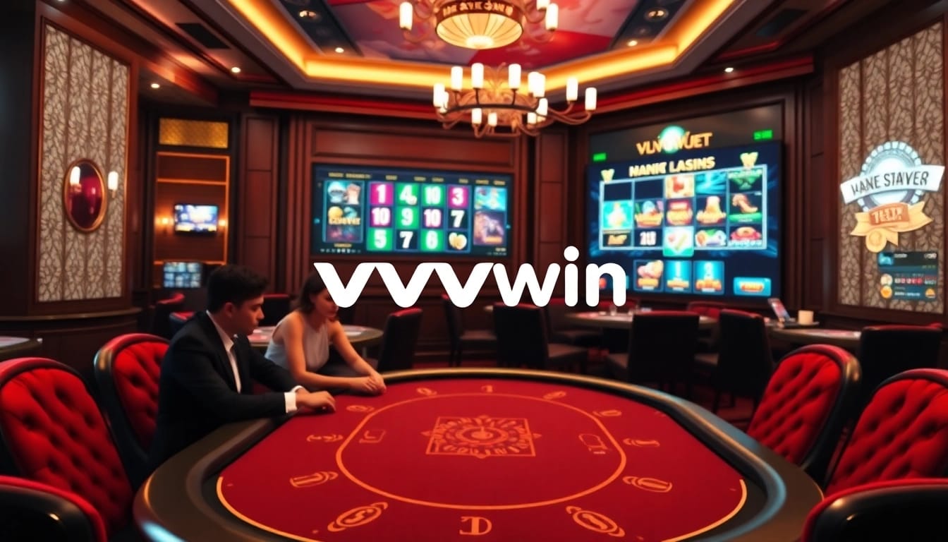 vvvwin logo gracing an elegant online casino scene with high-stakes poker gameplay, luxury ambiance.