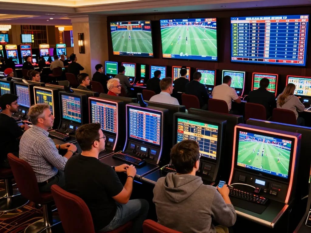 Tg88 sports fans analyzing odds in an energetic betting scene at a casino.