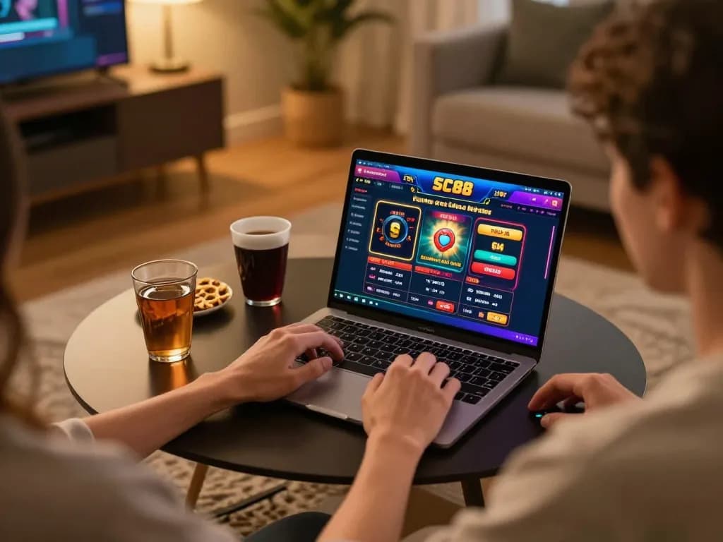 Player engaging with SC88 online platform, showing excitement in a cozy gaming environment.