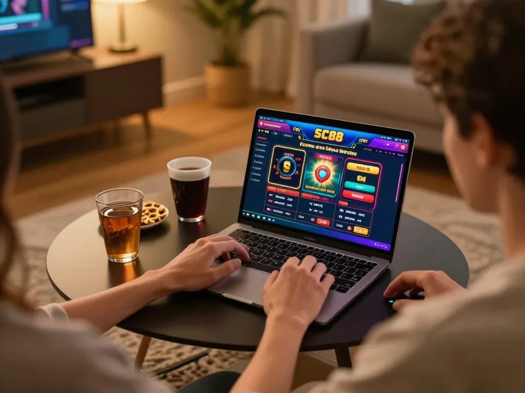 Player engaging with SC88 online platform, showing excitement in a cozy gaming environment.