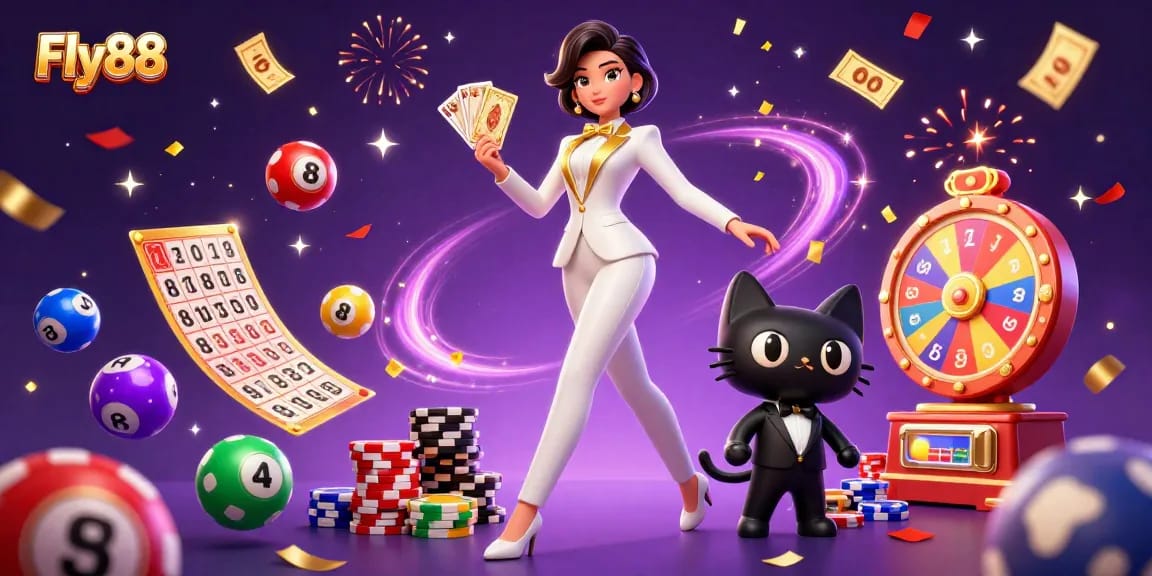 Engage in thrilling gameplay with Fly88, where a glamorous dealer shuffles cards in a vibrant casino setting.