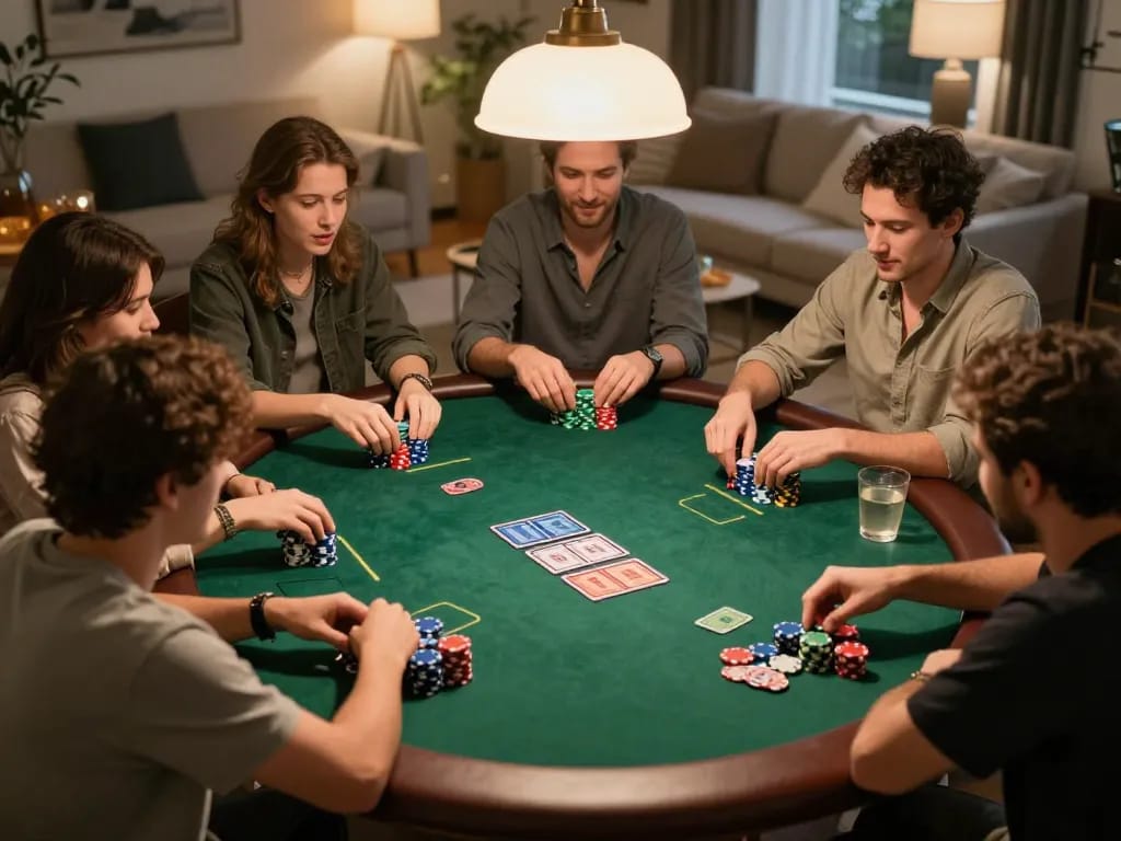 KONG 88 poker night with friends enjoying Texas Hold'em amidst vibrant chips and snacks.
