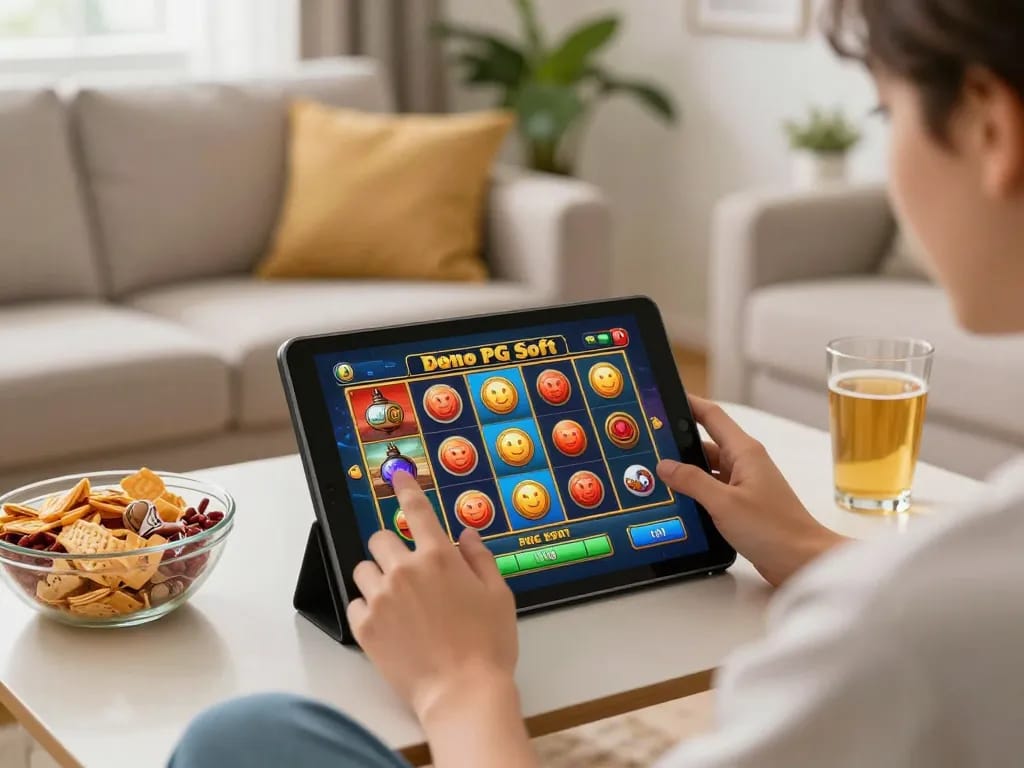 Terlibat dalam permainan slot Demo PG Soft di tablet dalam ruang tamu yang nyaman.