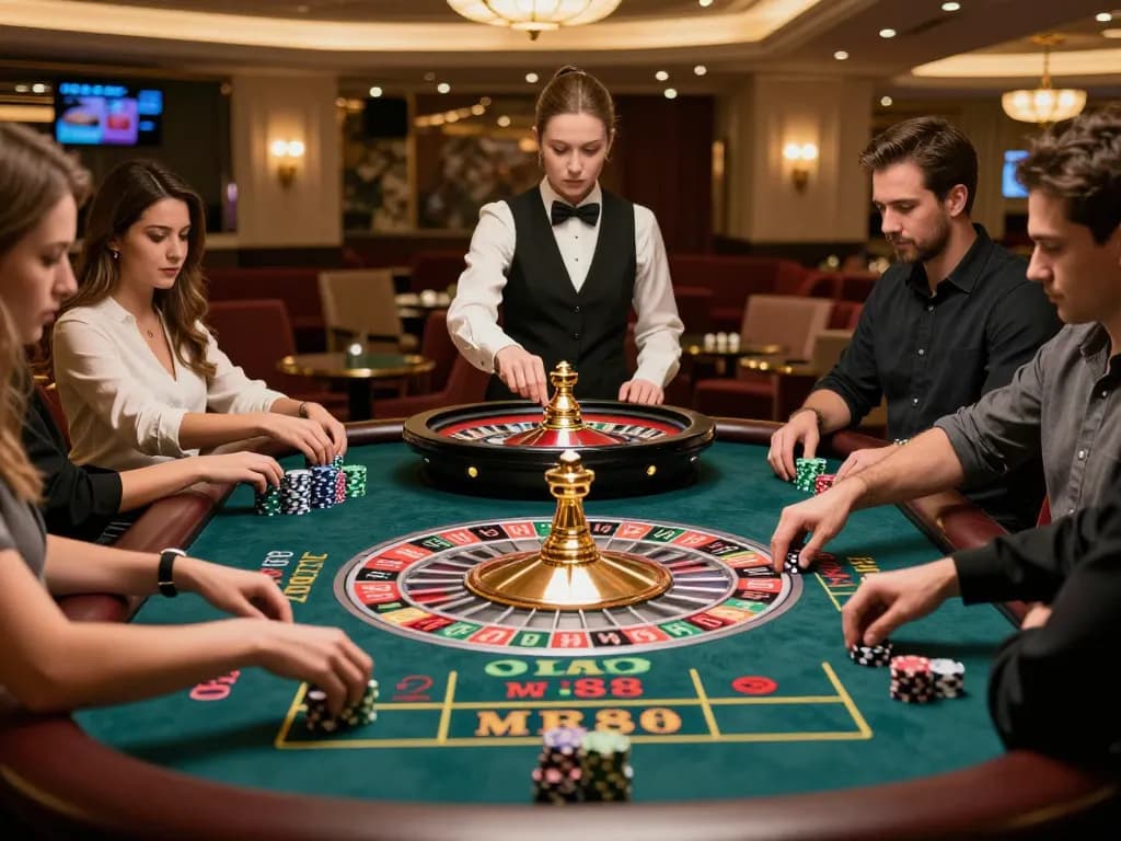 Players engage in a thrilling MM88 roulette game, betting on vivid chips as the croupier spins the wheel.