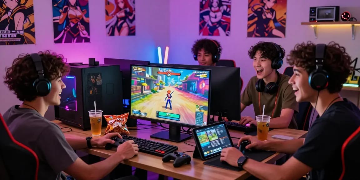 Friends enjoying a gay hentai game in a colorful gaming room filled with anime decor and excitement.