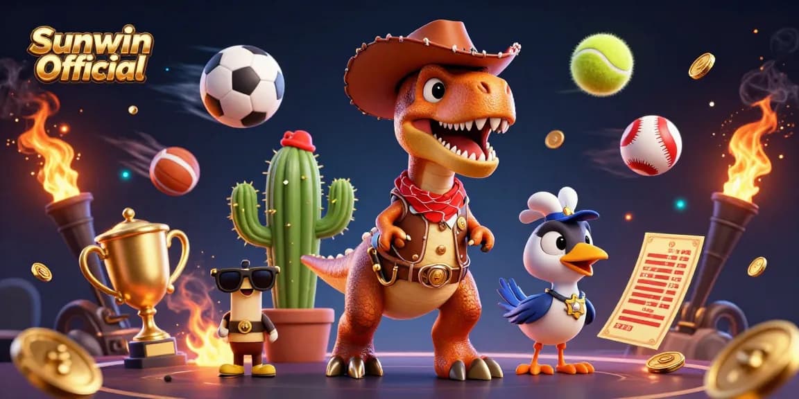 Experience thrilling wins at Sunwin Official with 3D cartoon characters in an action-packed casino scene.