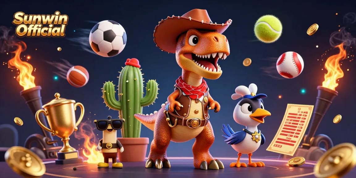 Experience thrilling wins at Sunwin Official with 3D cartoon characters in an action-packed casino scene.