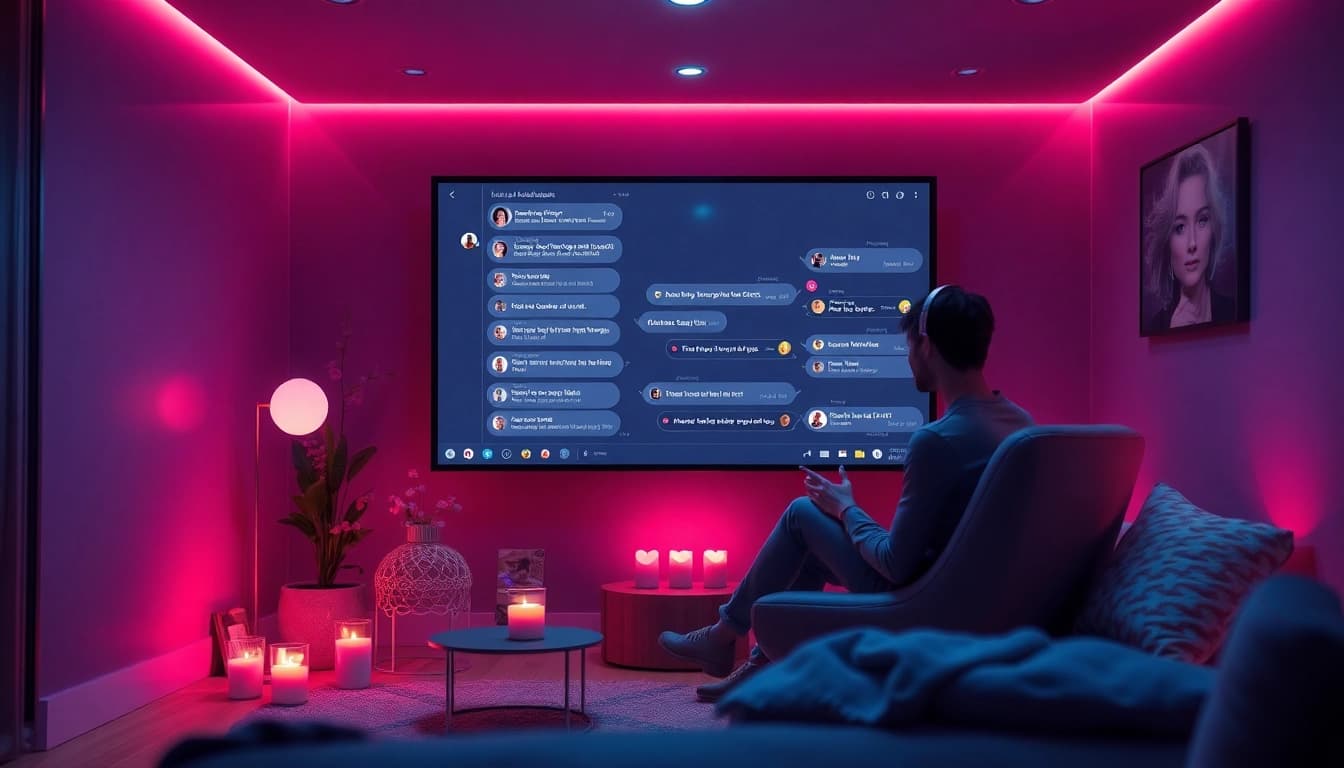 Engaging in sex AI chat with an intimate digital dialogue interface in a warm, inviting setting.