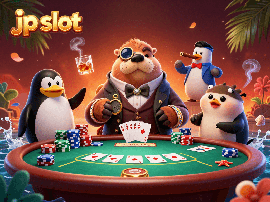 Engage in thrilling jp slot action featuring a jolly walrus and friend players at an underwater poker table.