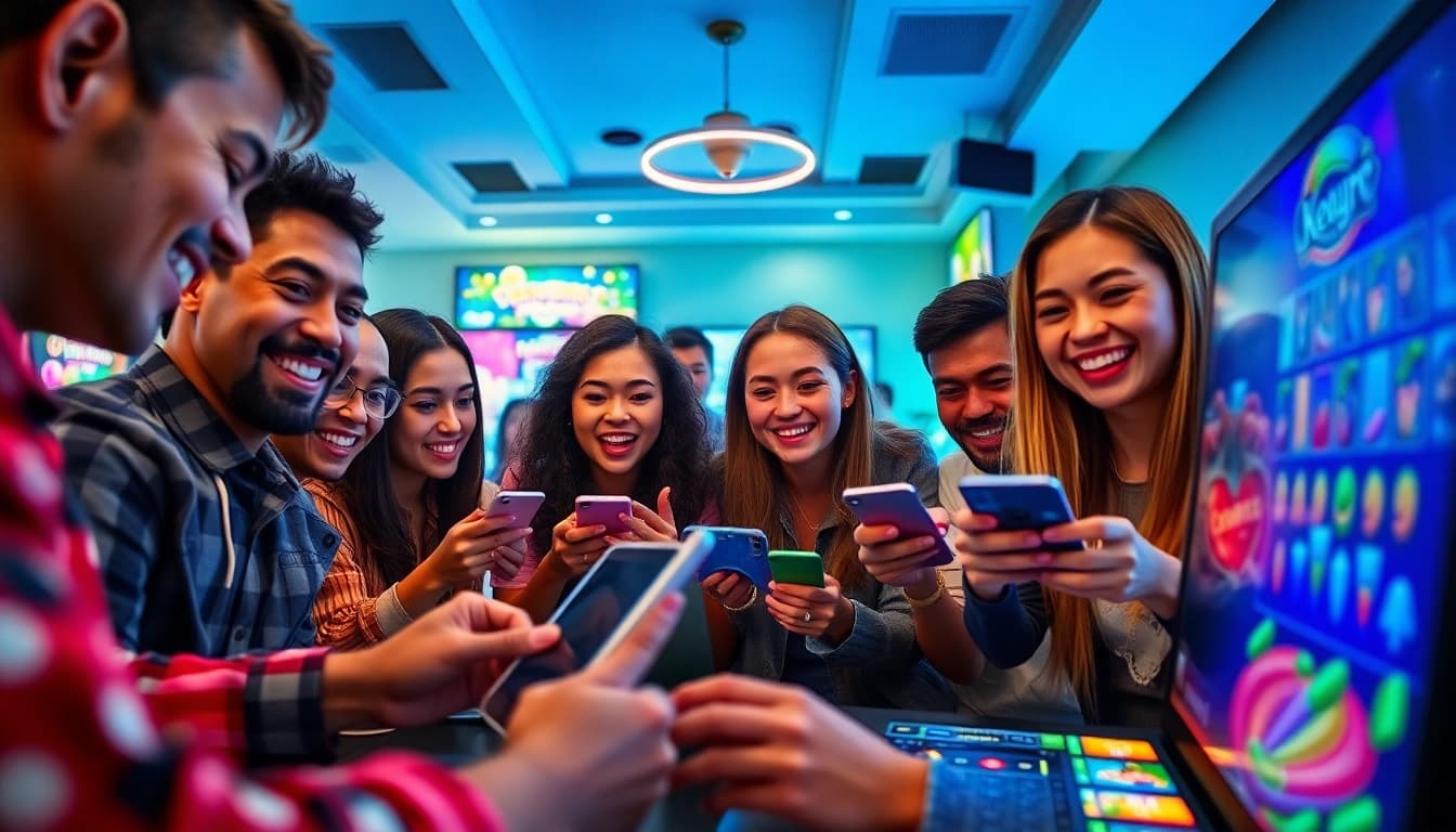 Situs kode4d online gaming scene with diverse players enjoying thrilling slot games on digital devices.