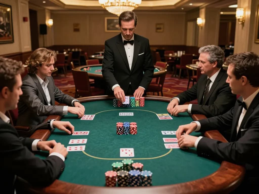LGOLUX poker table gameplay with players engaged and dealer expertly managing cards.