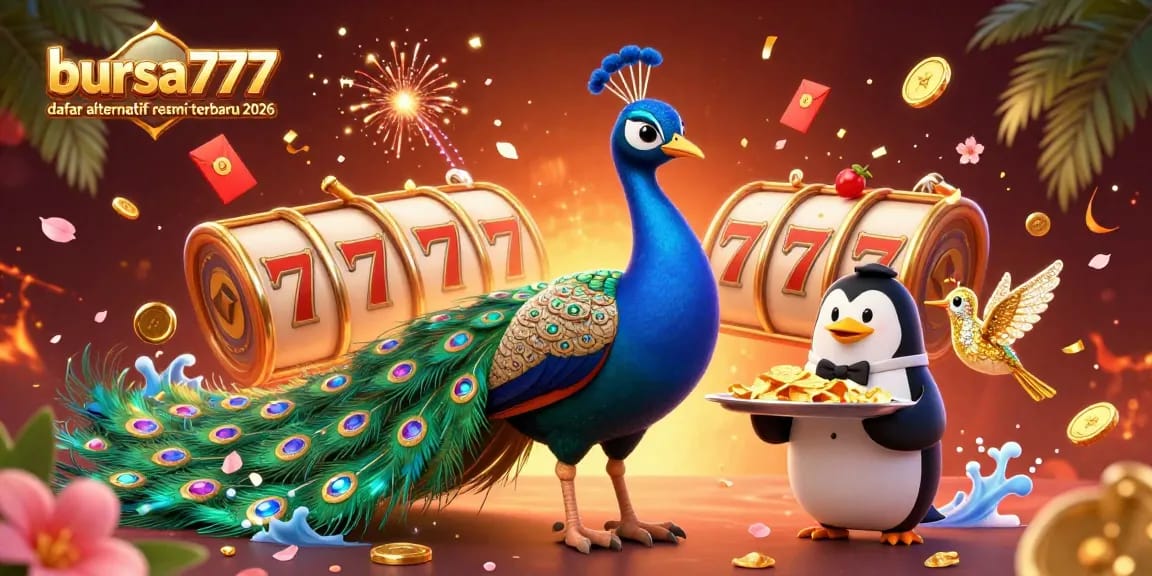 Bursa777 daftar alternatif resmi terbaru 2026 offers vibrant luck with a peacock and gaming elements, showcasing a thrilling casino atmosphere.