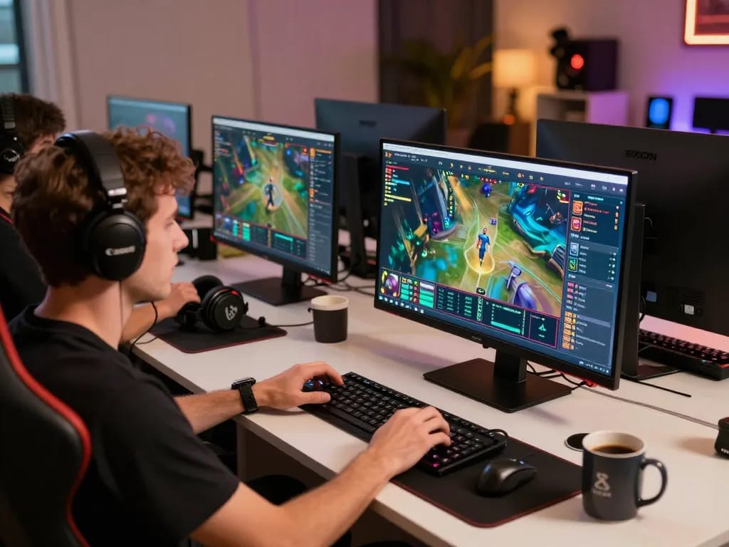 IDNSCORE online gaming action with serious player at modern home desk.