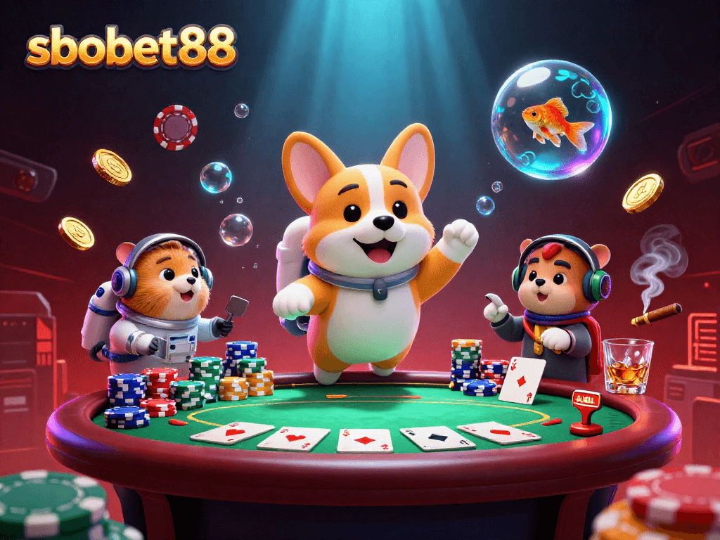 Play exciting games at sbobet88 while a corgi astronaut explores a fun zero-gravity casino scene.