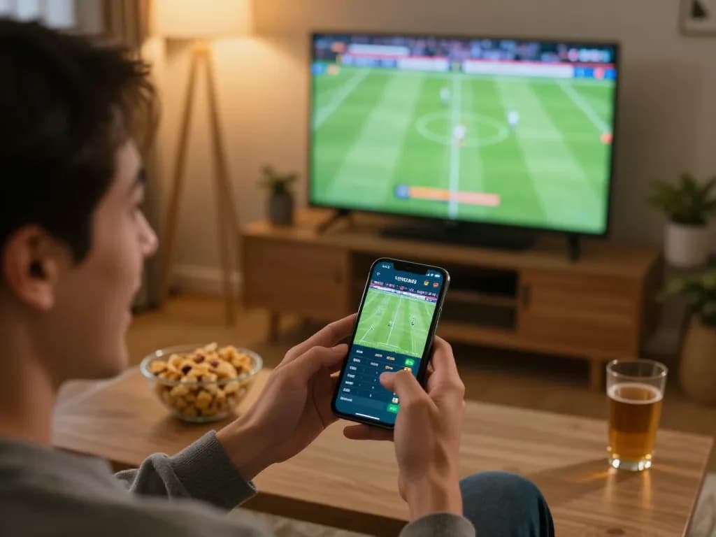 Viewer placing bets on Cakhia app while watching a live football match, showcasing excitement and strategy