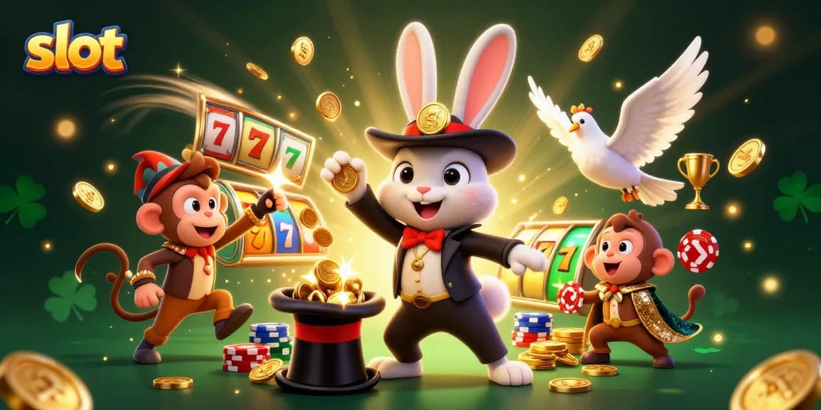 Engaging slot action scene with a magician rabbit, golden coins, and dynamic gameplay elements.