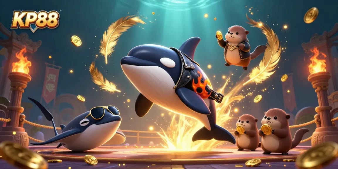 KP88 showcases an exciting underwater casino scene with dynamic characters and golden treasures.
