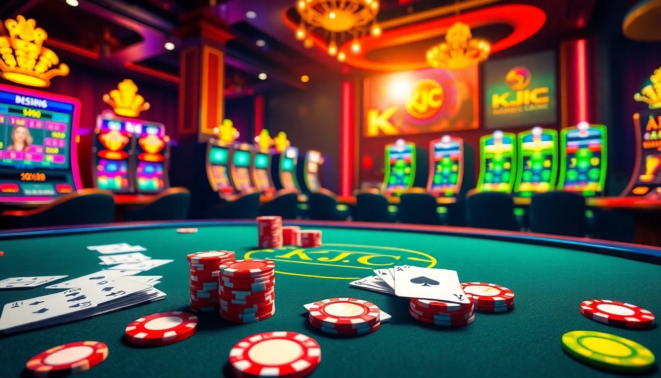 KJC casino environment with luxurious tables, poker chips, and glowing slot machines.