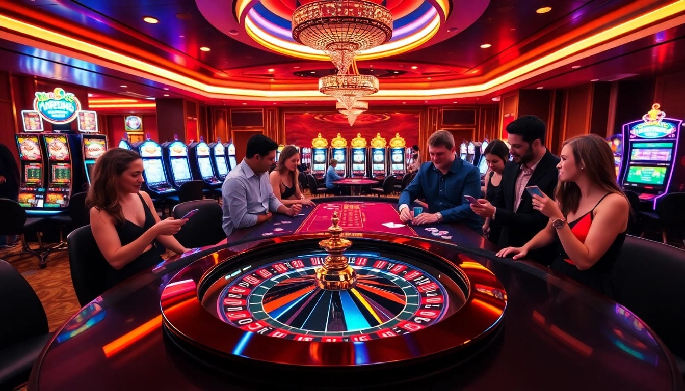 A vibrant casino scene showcasing gambling excitement with mm88 vin's roulette and blackjack tables.
