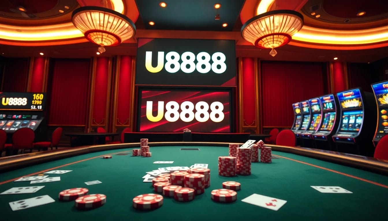 Experience the excitement of U888 as players engage in a high-stakes poker game with vibrant chips and cards.