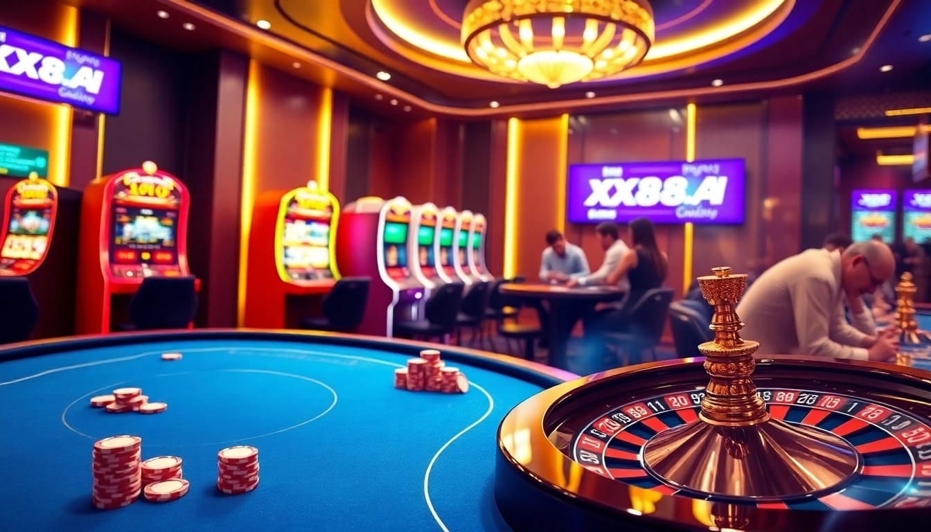 Exciting gaming scene showcasing XX88.AI with poker chips and roulette wheel in action.