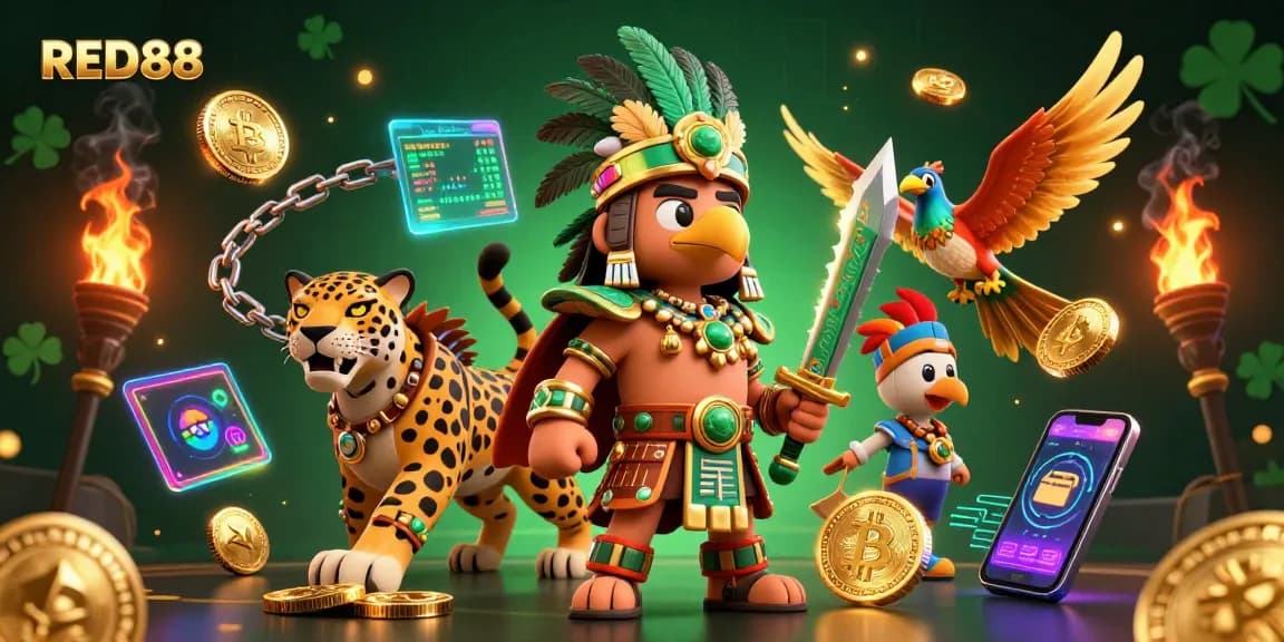 Bet big at RED88 with an Aztec warrior battling for crypto treasure in a vibrant casino world.