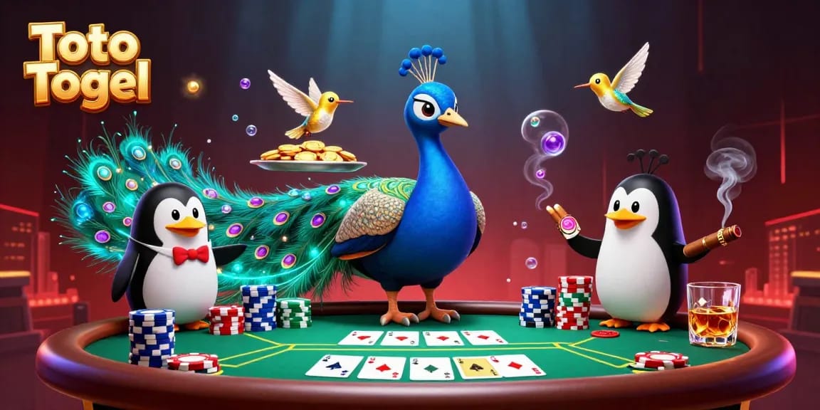 Toto Togel menunjukkan permainan kartu dengan karakter ceria di kasino virtual yang gemerlap.