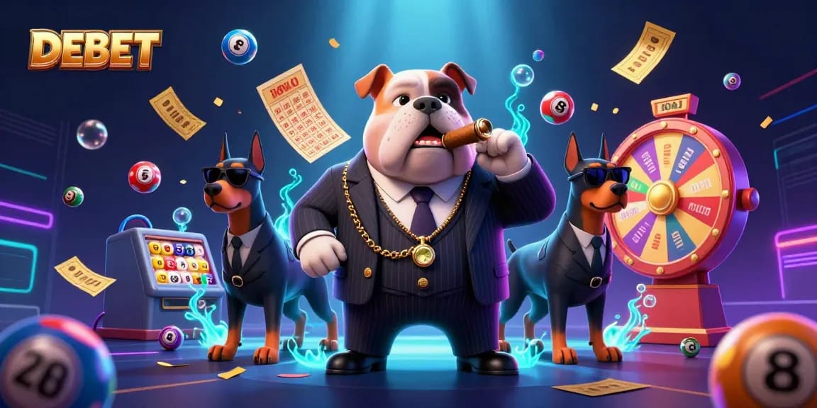 Experience exciting DEBET lottery action with a cartoon mafia bulldog and bodyguard Dobermans in a vibrant casino scene.