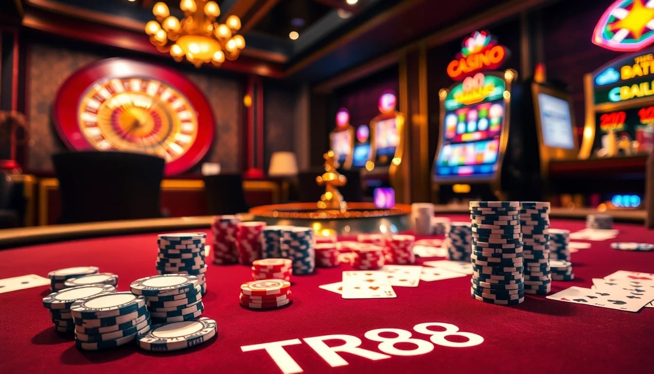 Experience the excitement of TR88 casino with luxury poker gameplay featuring vibrant chips and cards.