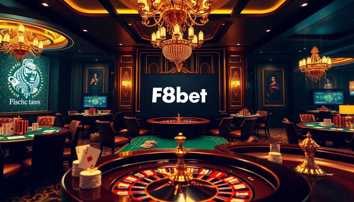 Engaging players at F8bet's modern online casino with vibrant tables, chips, and roulette excitement.