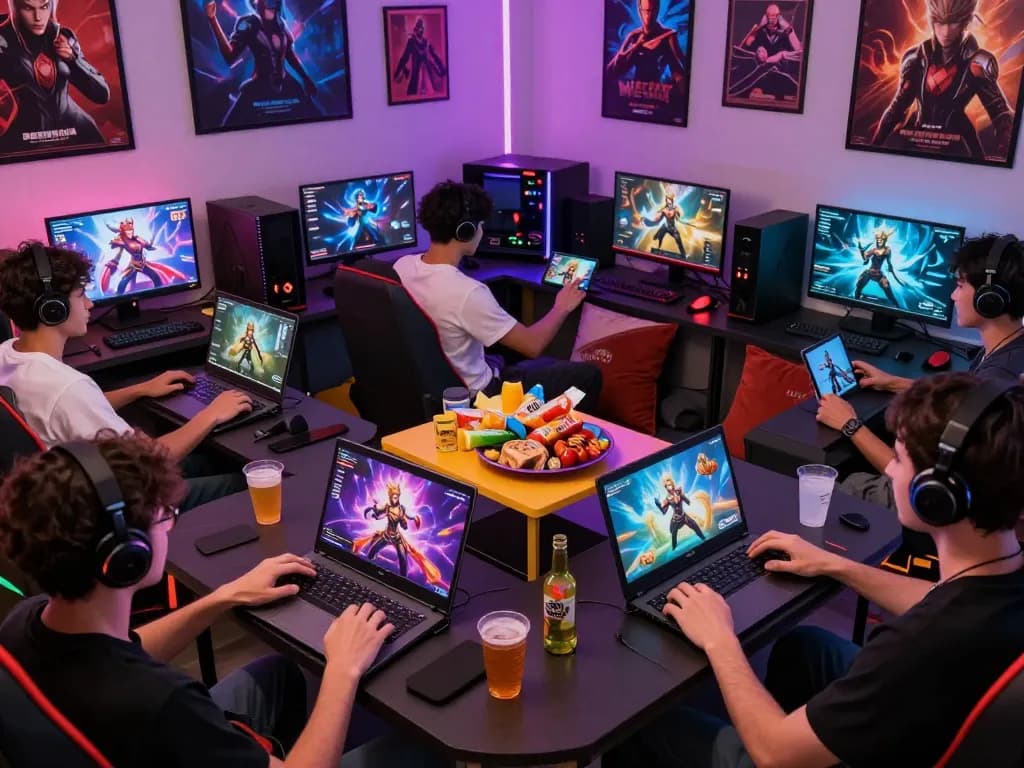 Players enjoying diverse porngames in a lively gaming lounge with colorful screens.