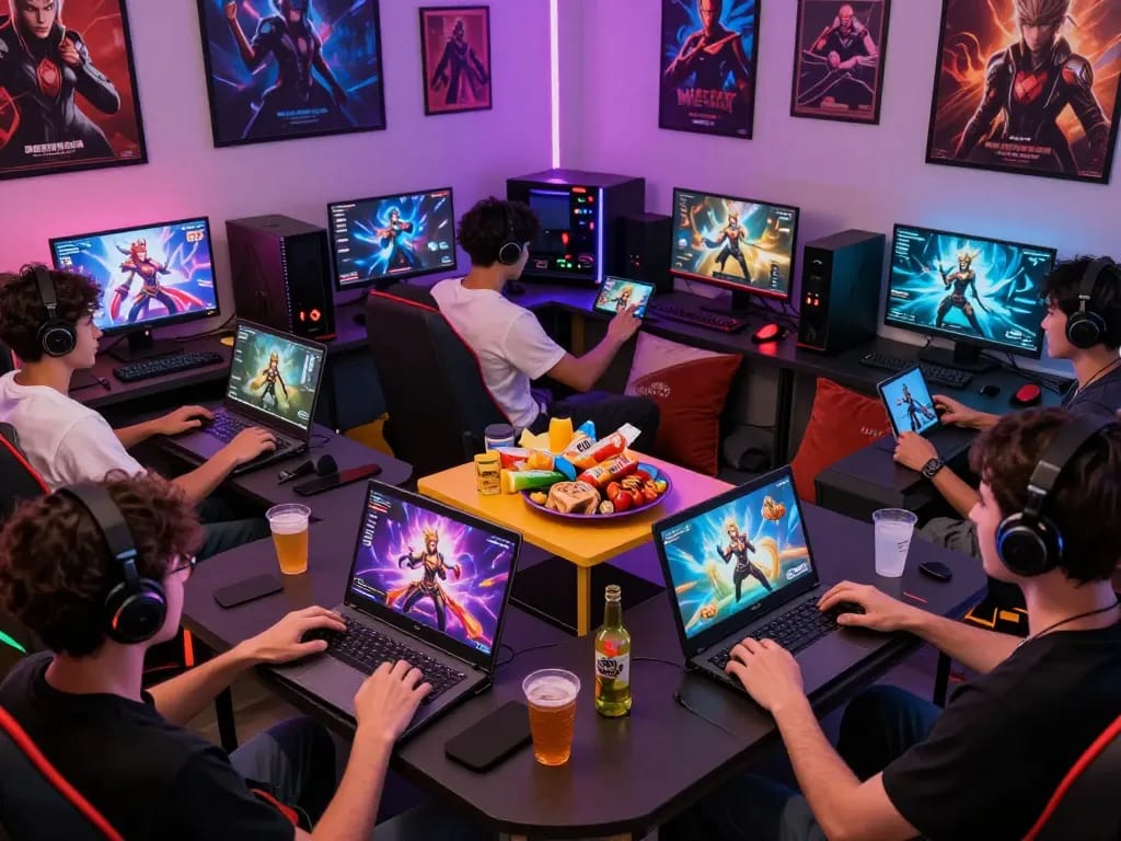 Players enjoying diverse porngames in a lively gaming lounge with colorful screens.