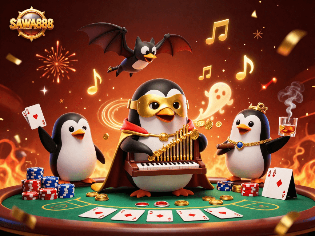 Experience the excitement of festive gaming at SAWA888 with animated characters and poker action!