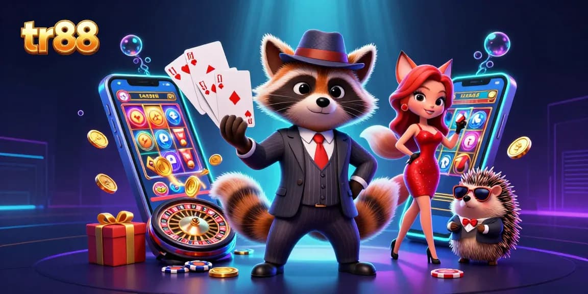 Experience the thrill of winning with tr88's vibrant casino scene featuring a raccoon, fox, and hedgehog.