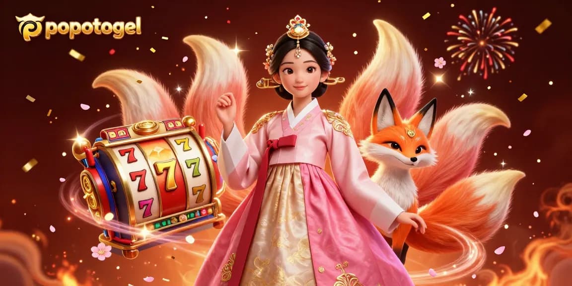 Engage with the vibrant popotogel scene featuring a lucky nine-tailed fox among slot reels and festive elements.