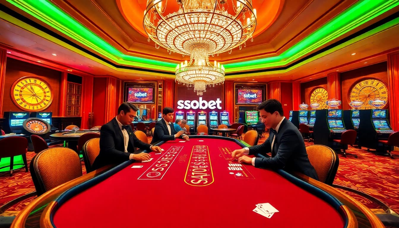 Sbobet players engaging in a lively game at a luxurious casino table filled with chips and cards.