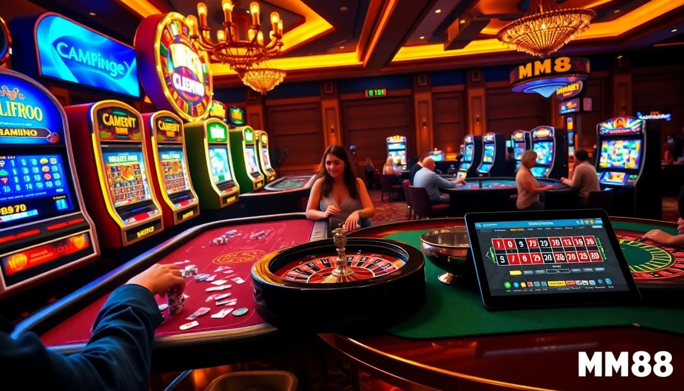 Engaged players at MM88's luxury casino tables, showcasing vibrant gaming action and excitement.