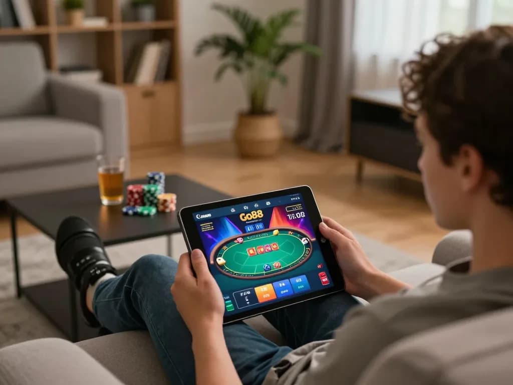 Engaging in a poker game on Go88 app while relaxing at home, showcasing vibrant gaming interface