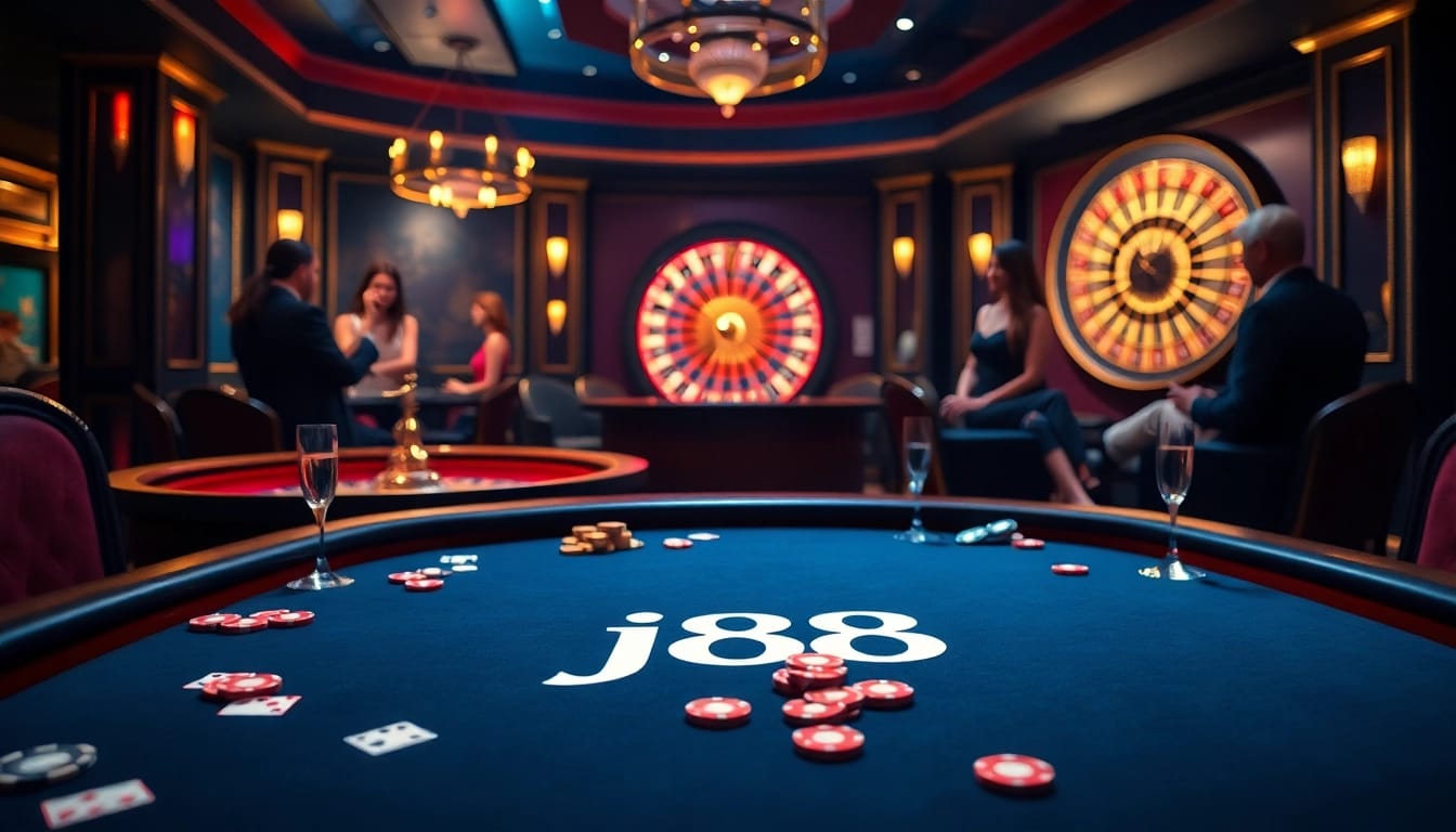 Exciting casino scene with j88 logo at a poker table, colorful chips, and roulette wheel.