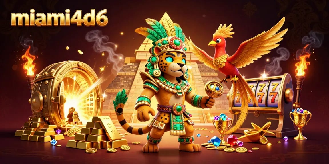 Experience winning excitement with miami4d6 in this dynamic 3D casino scene featuring golden treasures and slot elements.