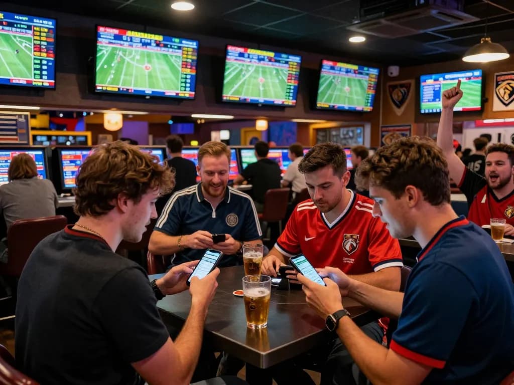 In a vibrant sportsbook at https://goal123.ac/, friends analyze betting odds on a smartphone amidst live sports action on various screens.