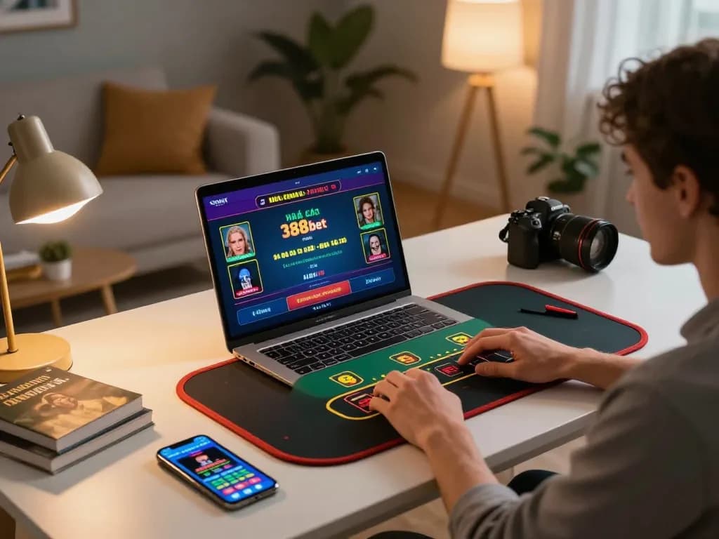 Person enjoying online gaming experience at nhà cái 388bet on a laptop, showcasing strategic casino gameplay.