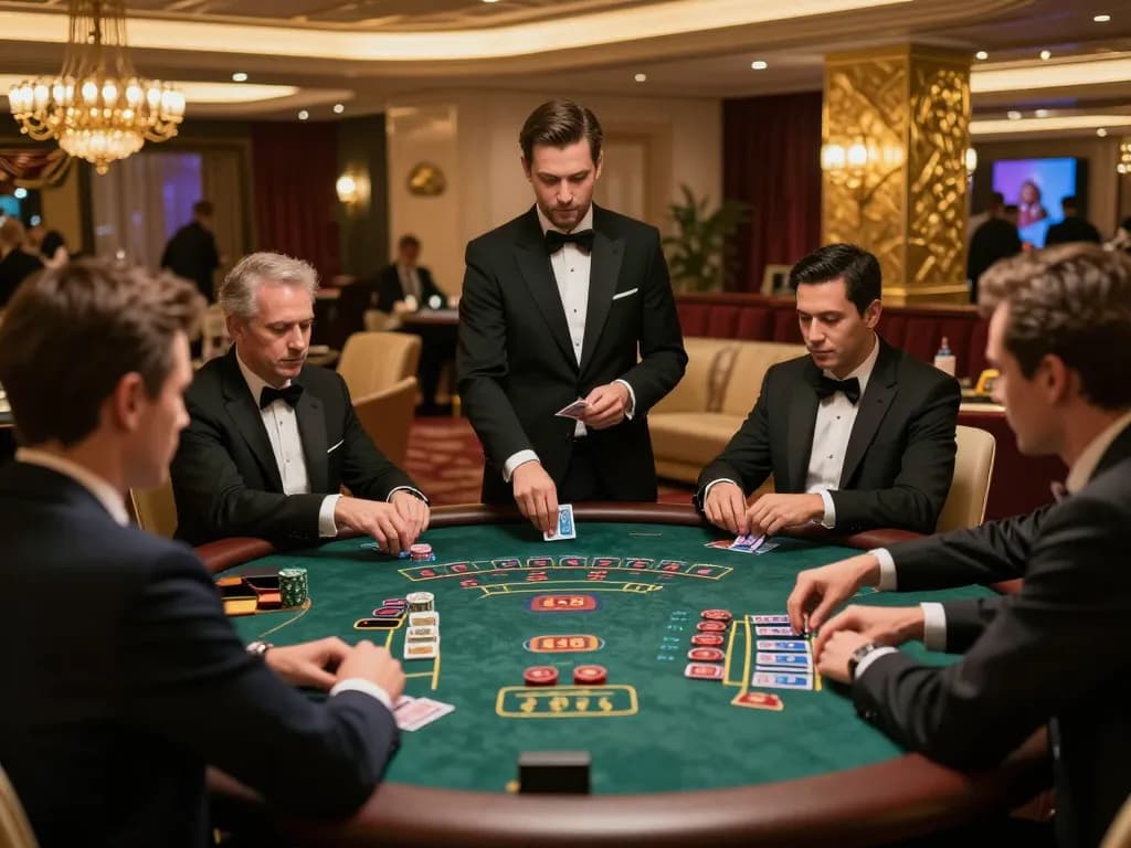 iWin players strategizing at a luxurious blackjack table in an upscale casino