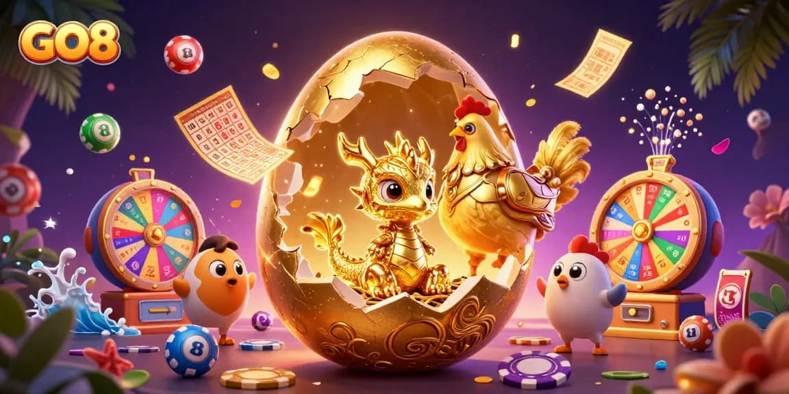 Experience the thrill with GO8 as a golden dragon emerges from a winning egg amidst a vibrant gambling scene.